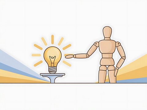 Wooden mannequin character presenting a glowing lightbulb representing a bright creative idea