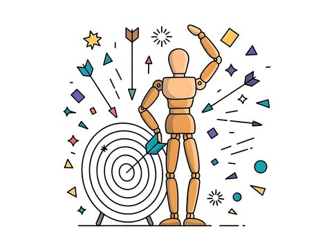 Wooden mannequin standing next to a target board with arrows illustrating business goal achievement and strategic success concept