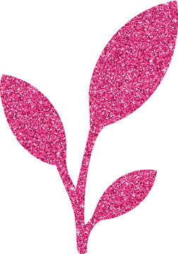 A sparkling pink glitter botanical branch with three elegant leaves creates a bright decorative nature-inspired element.