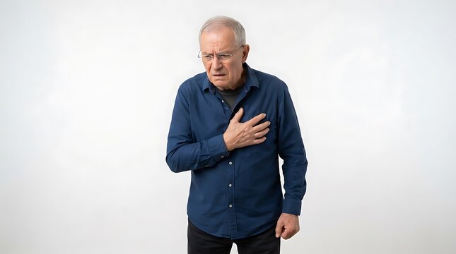 Senior man in a blue shirt feeling sudden chest pain and discomfort against a white background