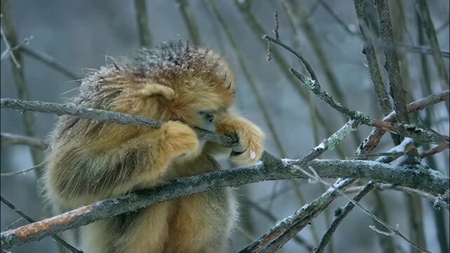 Golden snub-nosed monkey resting on a snowy tree branch in a cold winter forest environment