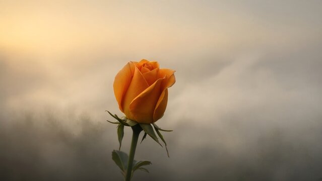 Orange Single Rose in Foggy Golden Light Atmospheric Bloom Closeup Macro Floral Portrait Botanical Nature Romantic Garden Plant Photography Dreamy Beautiful