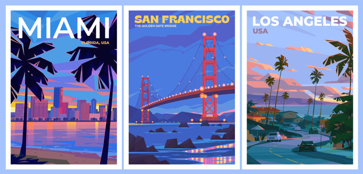 Vintage travel poster vector set with California and Florida destinations. Retro tourism banners template for Miami beach sunset, San Francisco Golden Gate Bridge and Los Angeles coastal road.