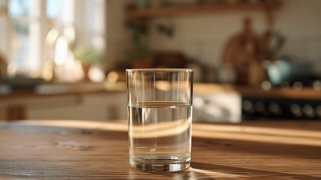 Transparent glass half-filled with clear water on a wooden table in a cozy kitchen with morning sunlight, soft natural shadows, and minimalist still life photography.