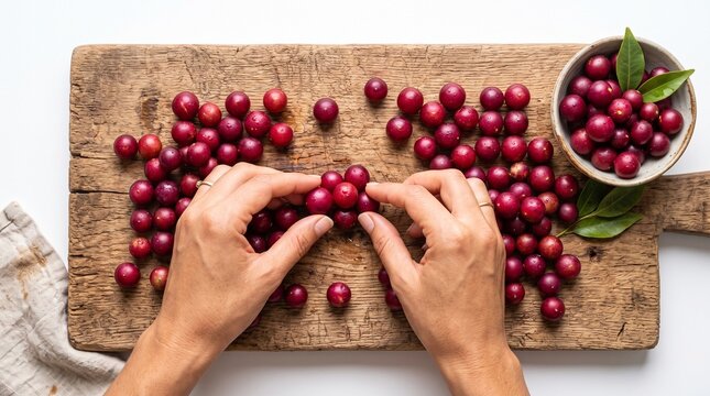 Hands arranging fresh red jaboticaba berries on rustic wooden board, showcasing Amazonian bioeconomy and sustainable agroforestry
