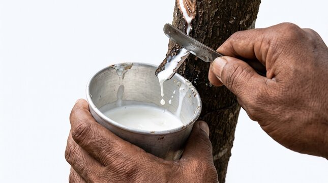 Amazonian indigenous hands collect natural latex sap from rubber tree for sustainable bioeconomy and climate impact awareness