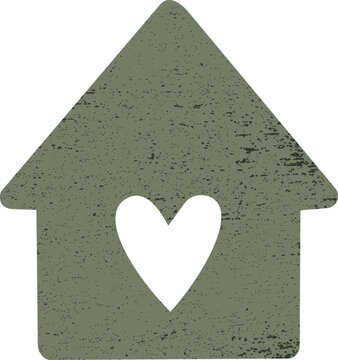 A minimalist olive green house icon with a heart-shaped cutout and distressed vintage texture.