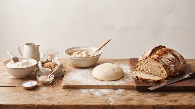 Bread making stages with flour, dough, mixing bowl and sliced artisan loaf on a wooden table, showing baking ingredients, homemade bread preparation and traditional baking process