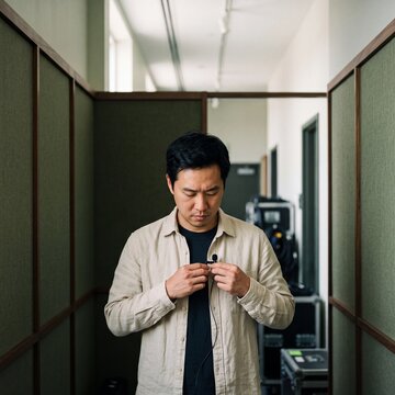 Asian man attaching a lavalier microphone to his shirt before an interview or video recording in a professional studio setting