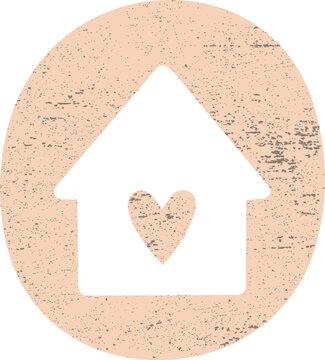 A minimalist black house icon with a heart-shaped cutout on a distressed beige circular