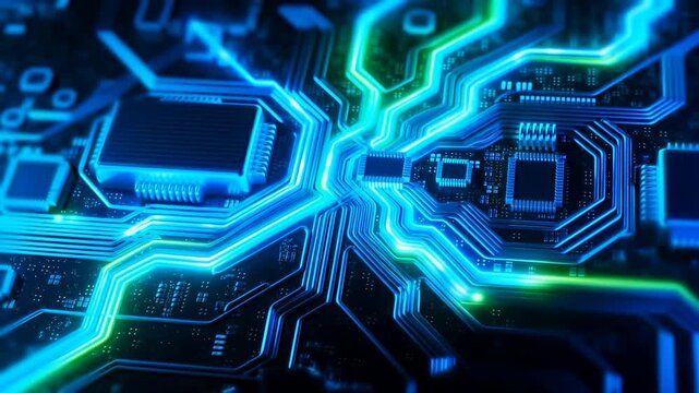 Glowing cyan and green circuit traces pulse across dark electronic board, flowing between multiple microchips and fine pathways as illuminated lines brighten through layered blue circuitry
