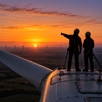 Silhouette of Technicians on Wind Turbine at Sunset