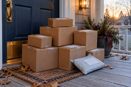 Stack of Delivery Boxes on Front Porch Doorstep on Black Friday Morning