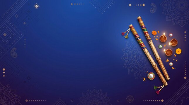 Navratri festival background with dandiya sticks and diya lamps