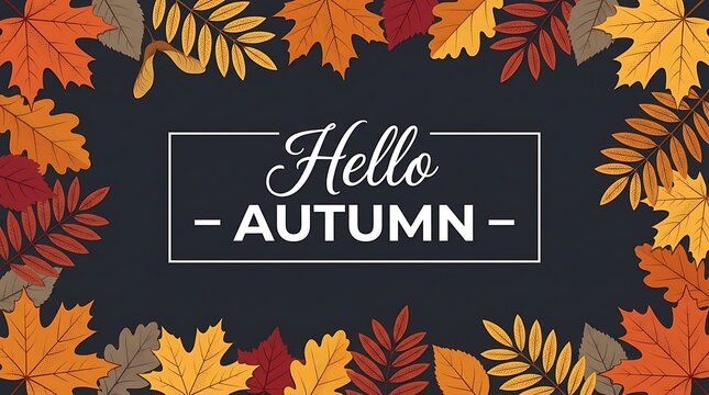 Hello autumn greeting with colourful falling leaves and dark background, perfect for seasonal invitations and social media posts.