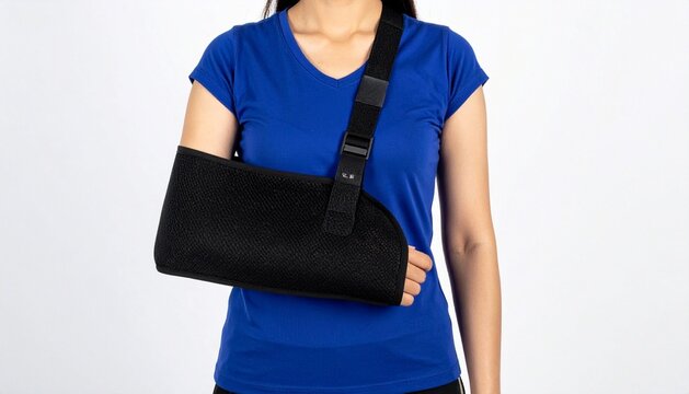 Woman Wearing Black Arm Sling for Injury Support and Recovery Isolated on White