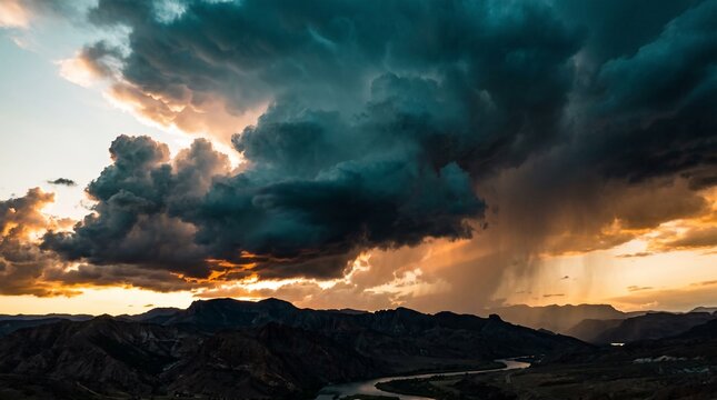 Rolling cumulonimbus clouds towering over mountain ranges at sunset, golden light breaking through a dramatic storm sky above a river valley