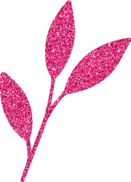 Sparkling pink glitter botanical branch with three elongated leaves isolated