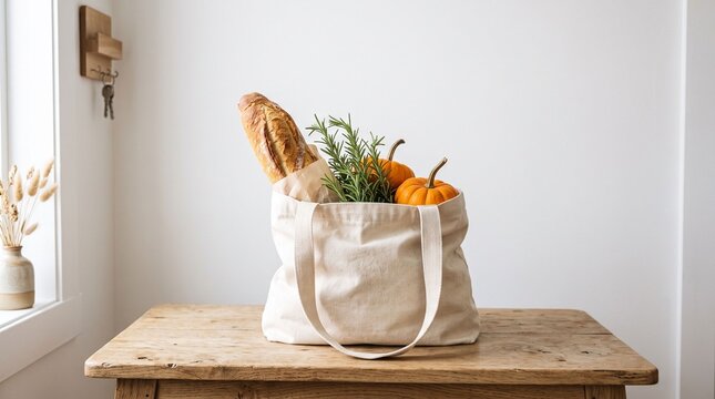 Tote bag with bread and small pumpkins on wooden table
