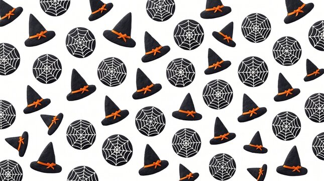 Seamless pattern of witch hats and spider web cookies on white