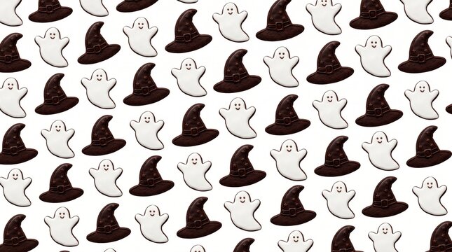 Pattern of Halloween ghost cookies and witch hats on white
