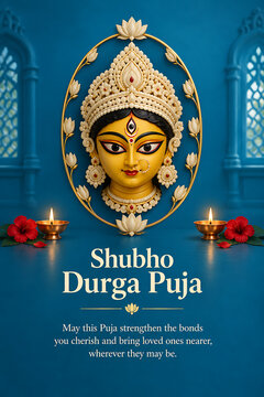 Durga puja and navratri greeting card featuring goddess face inside floral oval frame with glowing oil lamps against blue temple inspired background