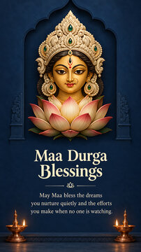 Durga puja and navratri blessing card featuring crowned goddess emerging above pink lotus with brass lamps against dark blue ornamental temple arch