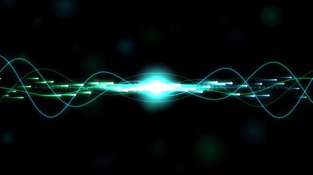 Abstract digital sound wave equalizer with glowing light particles and neon energy lines background technology