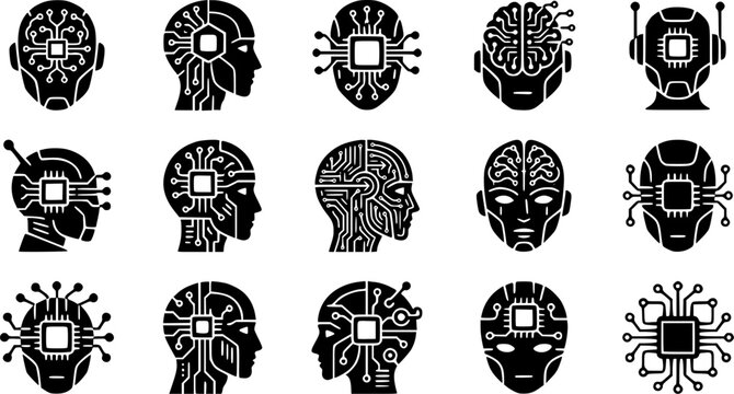Robot Head & AI Chip Silhouette Icon Set. Collection of tech & science silhouettes, including robot head & ai chip, detailed AI and data shapes, and more.
