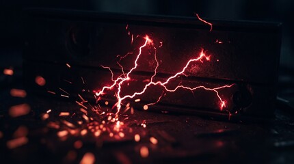 Fototapeta premium Crimson electric arcs crackling against dark metal with flying sparks, glowing red lightning discharge in a moody industrial setting
