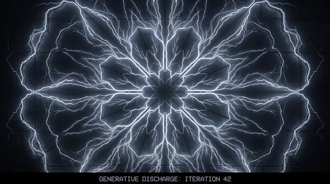 Generative electric discharge artwork with lightning branches forming a symmetrical fractal pattern, iteration 42 glowing on a black background