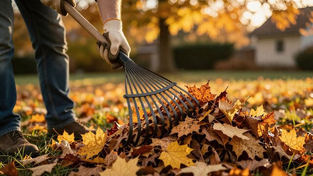 Raking autumn leaves in backyard garden with fan rake and work gloves, close-up realistic shot for seasonal yard work and fall maintenance concept
