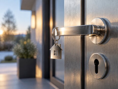 House Key Hanging From Door Lock at Sunset Outside a Modern Home