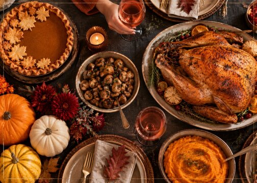 Thanksgiving Dinner Featuring Turkey, Potatoes, and Pumpkin Pie on a Decorated Table