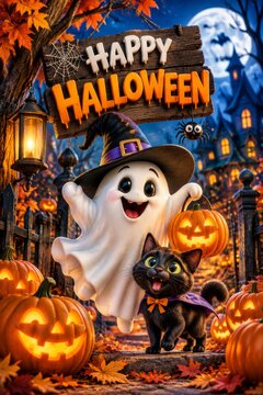 Halloween Celebration With a Ghost and a Black Cat Near Pumpkins
