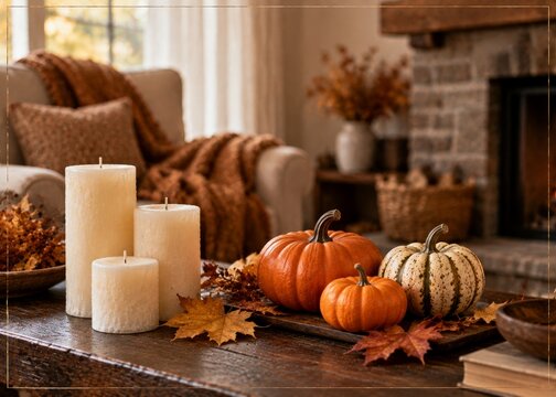 Cozy Fall Decor With Pumpkins, Candles, and Leaves on a Wooden Table