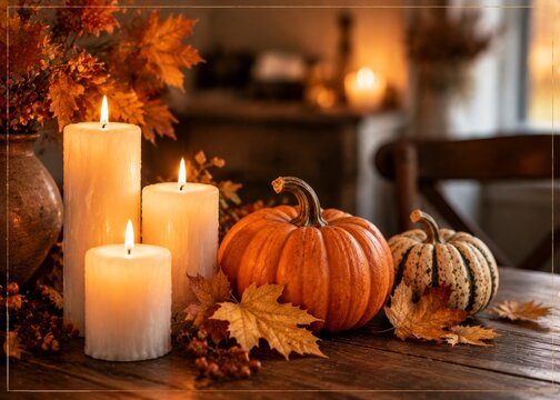 Autumn Display With Candles and Pumpkins on a Wooden Table