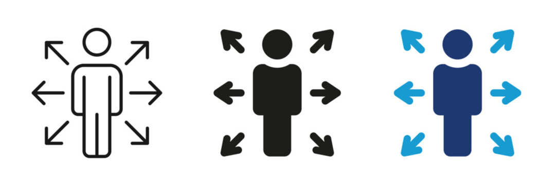 User flexibility icon set. Multitasking person, decision making, directions expansion symbol. Flat and Line style collection.