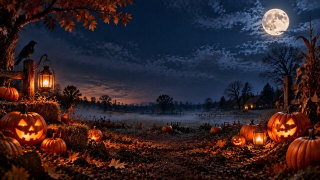 Pumpkins and Lanterns Light up a Path at Night With a Full Moon and Autumn Leaves