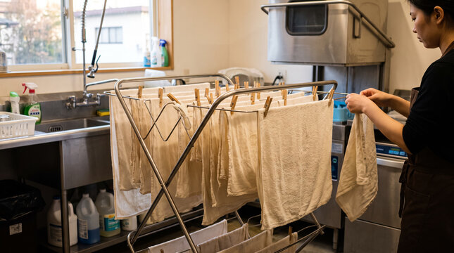 Restaurant worker hanging clean towels on drying rack in commercial kitchen. Concept of washable cloths, laundry, clothespin.