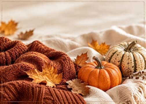 Fall Decor With Pumpkins, Leaves, and Knit Blanket on a Soft Surface