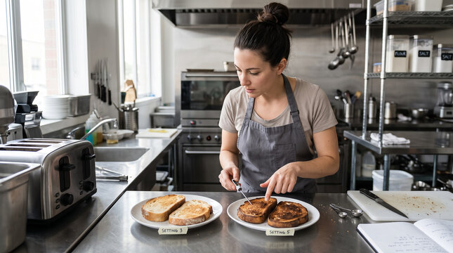 Female Cook Measuring Temperature to Test Heating Consistency in Commercial Kitchen. Concept of chef, food testing, toaster.