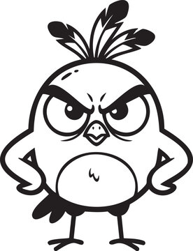 Angry Funny Bird Standing With Wings on Hips Black and White Line Art