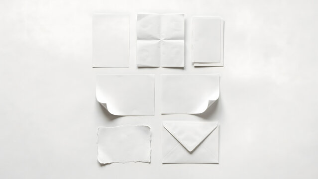 A collection of various blank white paper stationery including folded sheets, torn edges, and an envelope, arranged on a white background