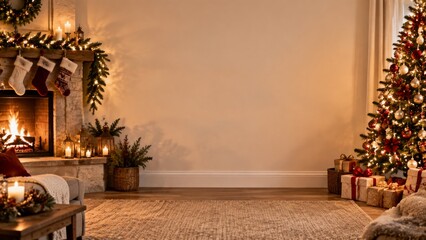 Obraz premium Cozy Living Room Decorated for Christmas With a Tree and Fireplace