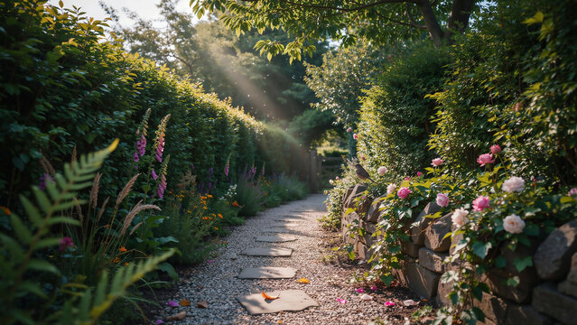 Stone stepped path in a sun-dappled garden with pink roses and ferns keywords: garden, path
