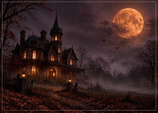Dark Mansion With Full Moon and Bats in the Sky at Night