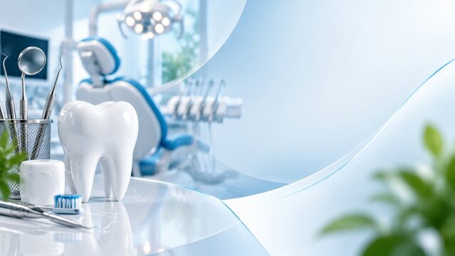 Dental Clinic Interior With Tools and a Large Tooth Model on the Table