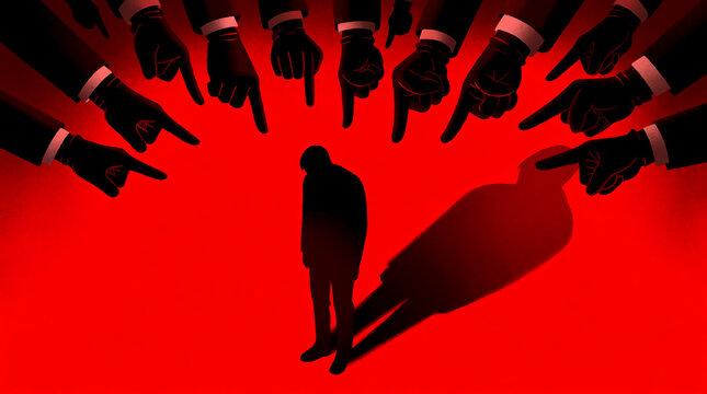 A dejected silhouette stands alone under a glaring red light while numerous gloved hands point accusing fingers downward in judgment and condemnation.