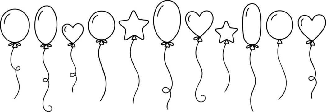 Set of various balloons with strings, round, oval, star and heart shapes